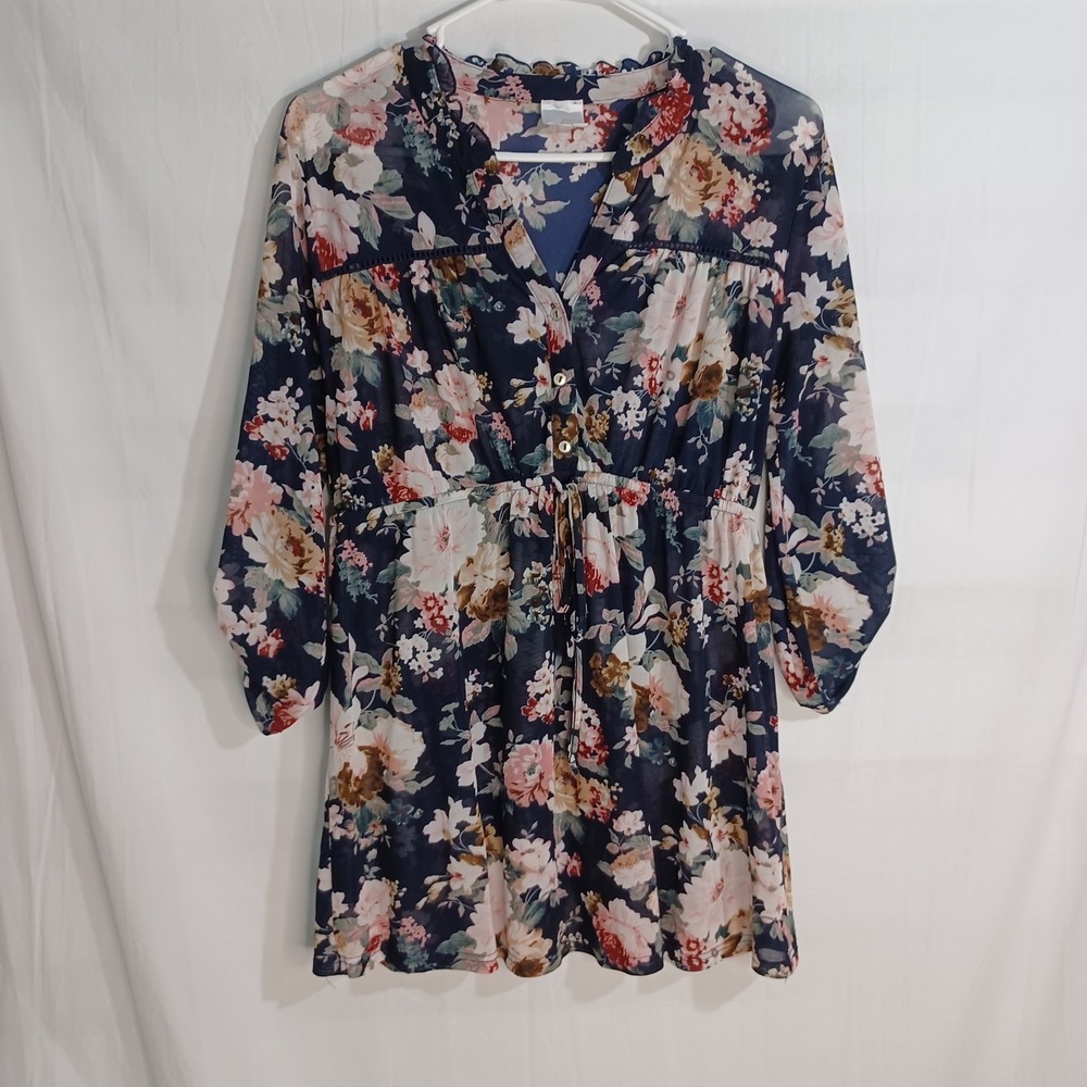 Women's V-Neck Sheer Floral Tunic Button Front Top 3/4 Sleeve Tie Waist Size L